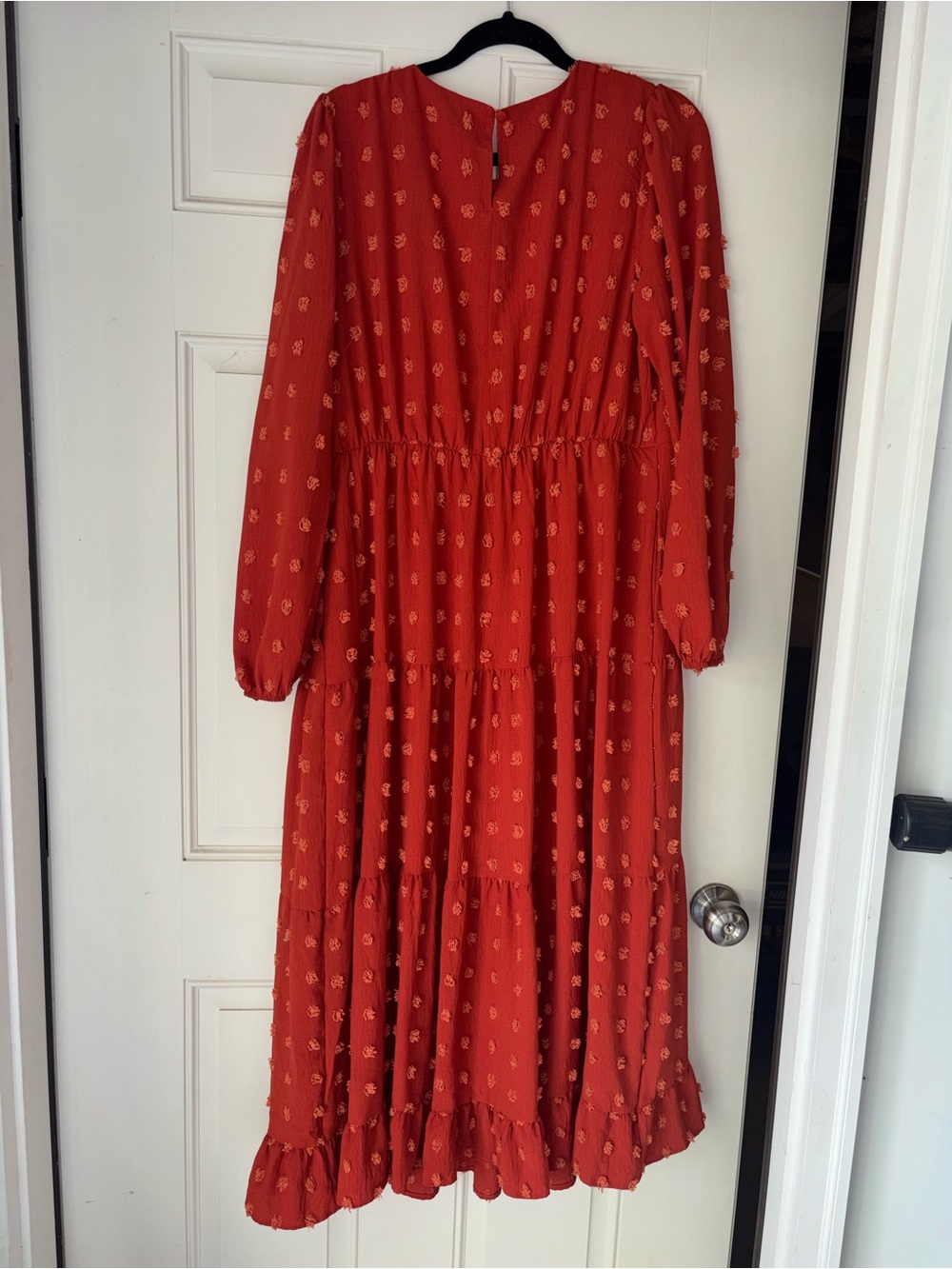 Rust Red Tiered Maxi Dress with Subtle Pattern
